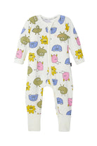 Bonds Zip Wondersuit baby sleepsuit in Boo Buddy white colourful monster print. Front view.