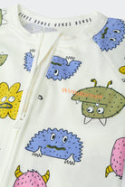 Bonds Zip Wondersuit baby sleepsuit in Boo Buddy white colourful monster print. Close up two-way zip.