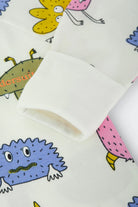 Bonds Zip Wondersuit baby sleepsuit in Boo Buddy white colourful monster print. Close up hand cuff.