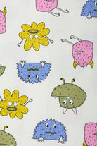 Bonds Zip Wondersuit baby sleepsuit in Boo Buddy white colourful monster print. Close up.