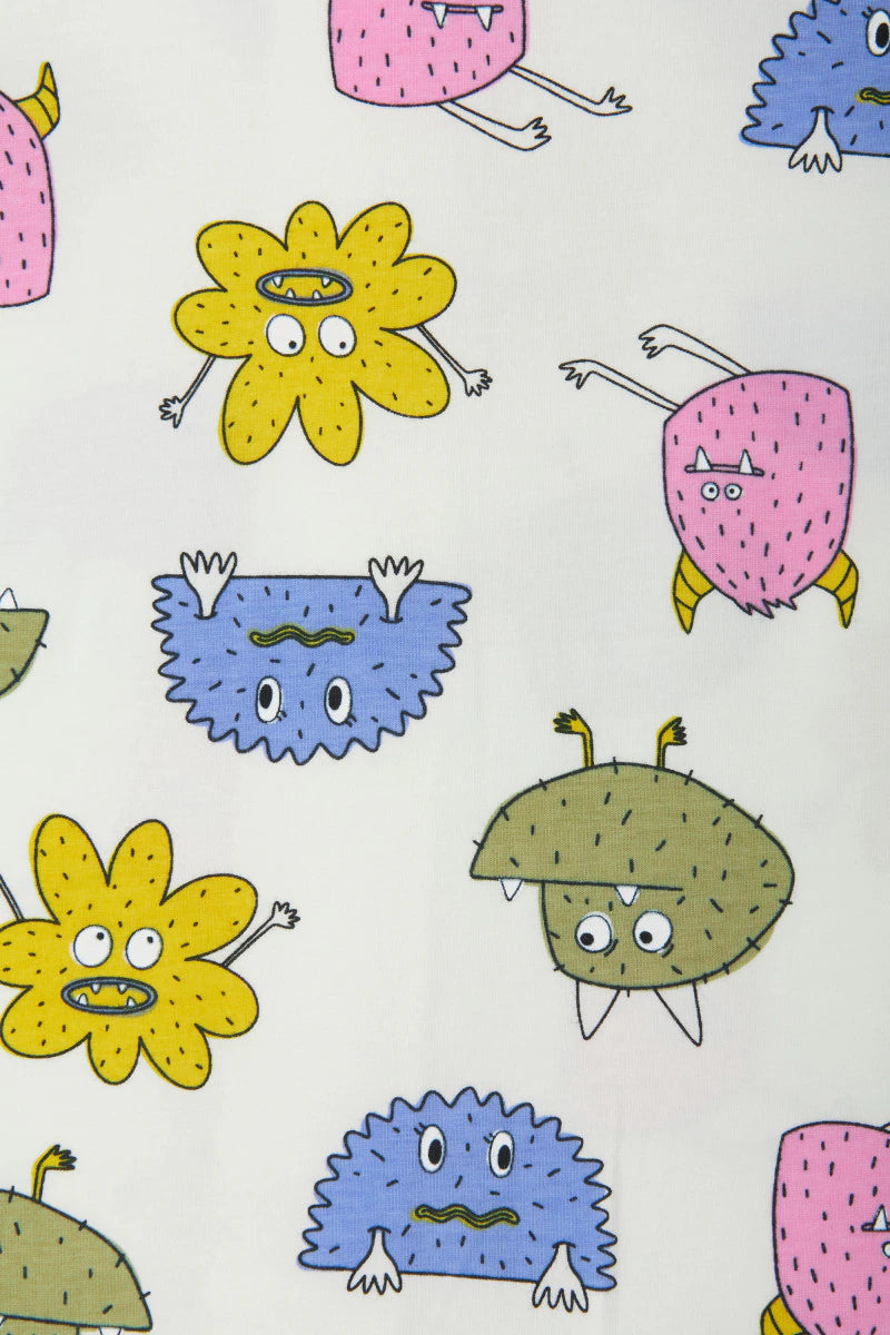 Bonds Zip Wondersuit baby sleepsuit in Boo Buddy white colourful monster print. Close up.