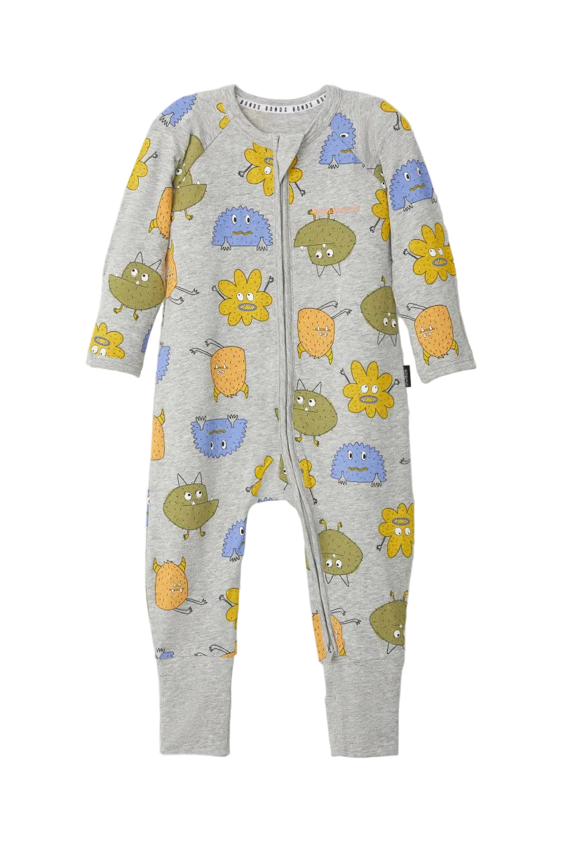 Bonds Zip Wondersuit baby sleepsuit in Boo Buddy Marle grey monster print. Front view.