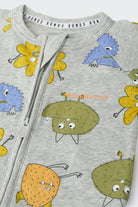 Bonds Zip Wondersuit baby sleepsuit in Boo Buddy Marle grey monster print. Close up two-way zip.