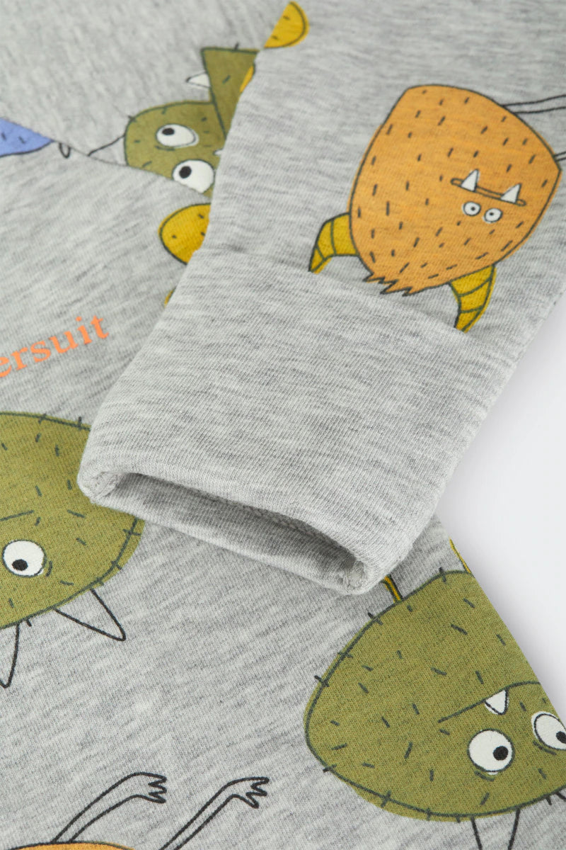 Bonds Zip Wondersuit baby sleepsuit in Boo Buddy Marle grey monster print. Close up hand cuff.