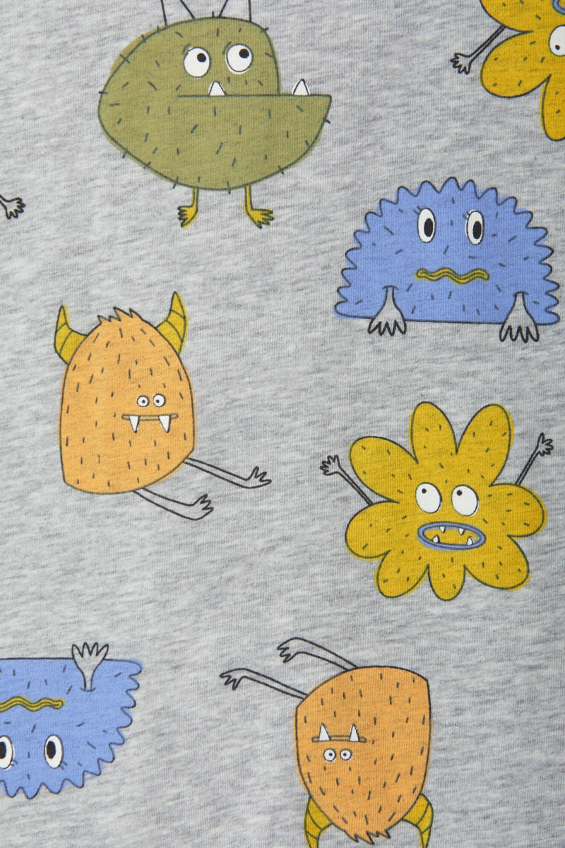 Bonds Zip Wondersuit baby sleepsuit in Boo Buddy Marle grey monster print. Close up.