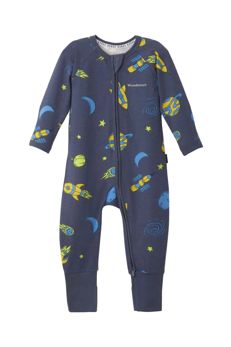 Bonds Zip Wondersuit baby sleepsuit in Out of This World navy outer space rocket print. Front view.