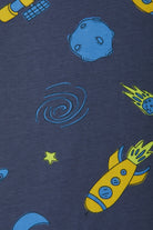 Bonds Zip Wondersuit baby sleepsuit in Out of This World navy outer space rocket print. Close up.