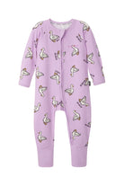 Bonds Zip Wondersuit baby sleepsuit in Quack Quack lilac duck animal print. Front view.