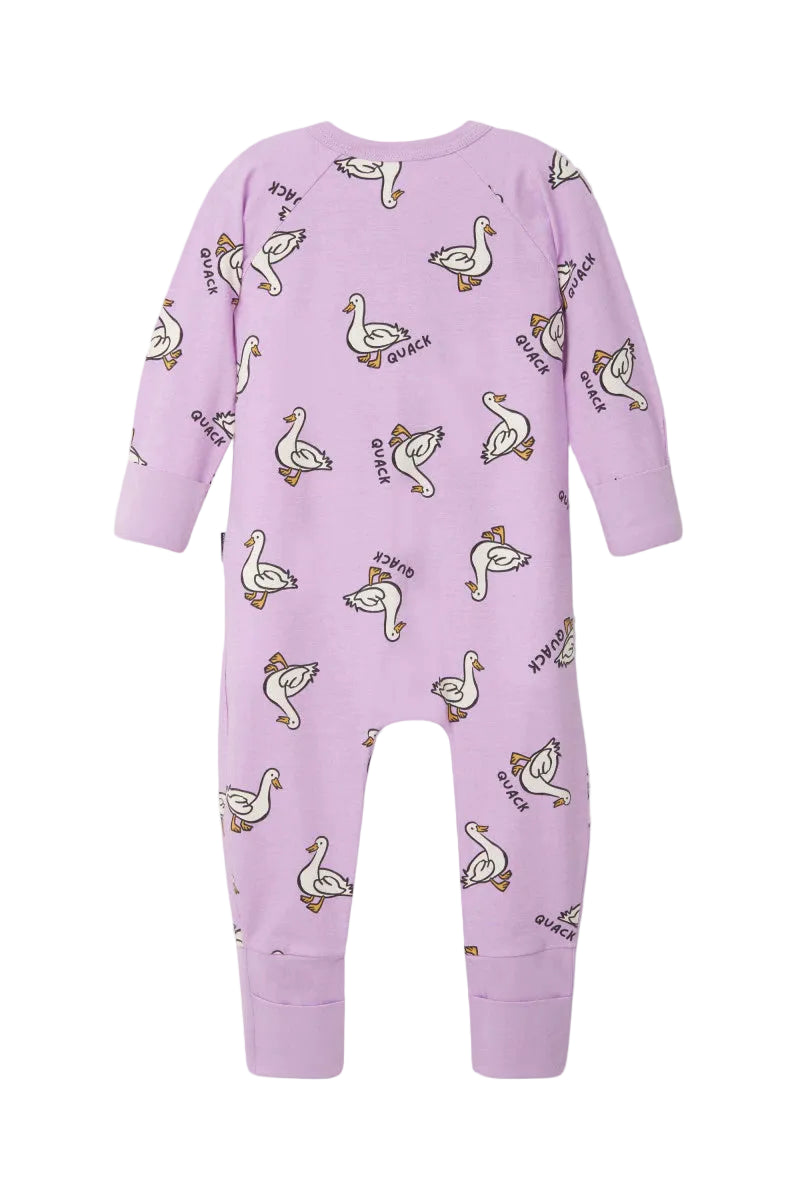 Bonds Zip Wondersuit baby sleepsuit in Quack Quack lilac duck animal print. Back view.