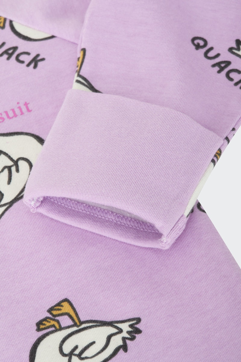 Bonds Zip Wondersuit baby sleepsuit in Quack Quack lilac duck animal print. Close up hand cuff.