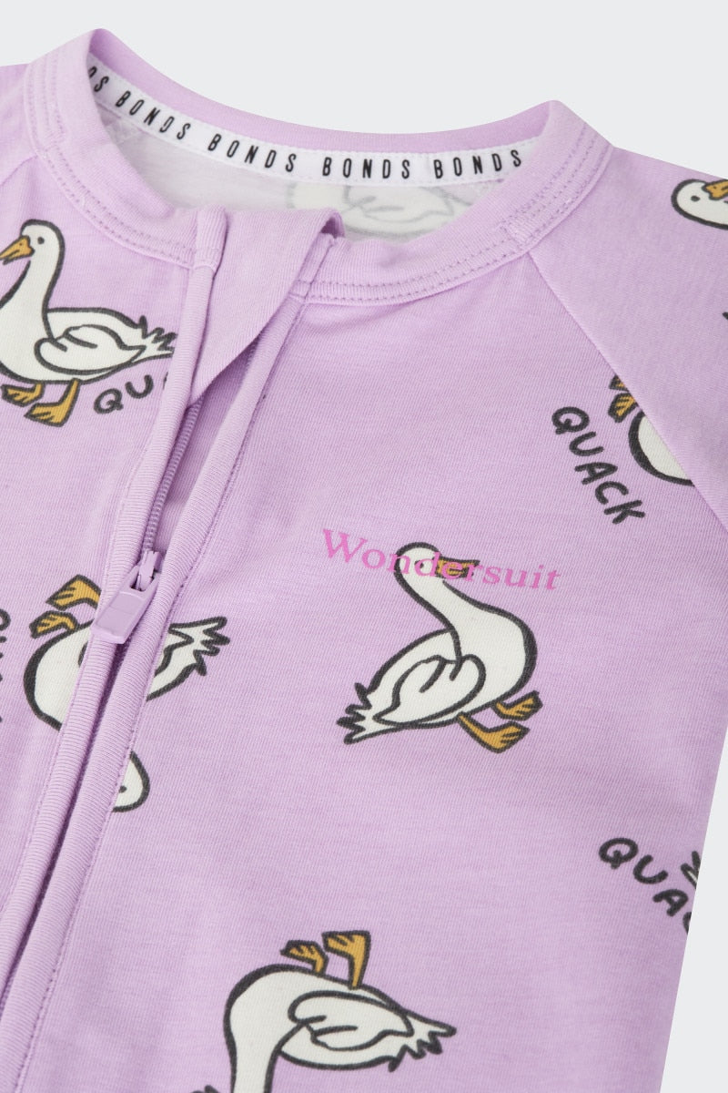 Bonds Zip Wondersuit baby sleepsuit in Quack Quack lilac duck animal print. Close up two-way zip.