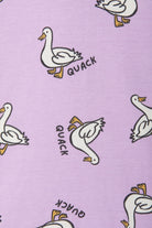 Bonds Zip Wondersuit baby sleepsuit in Quack Quack lilac duck animal print. Close up.