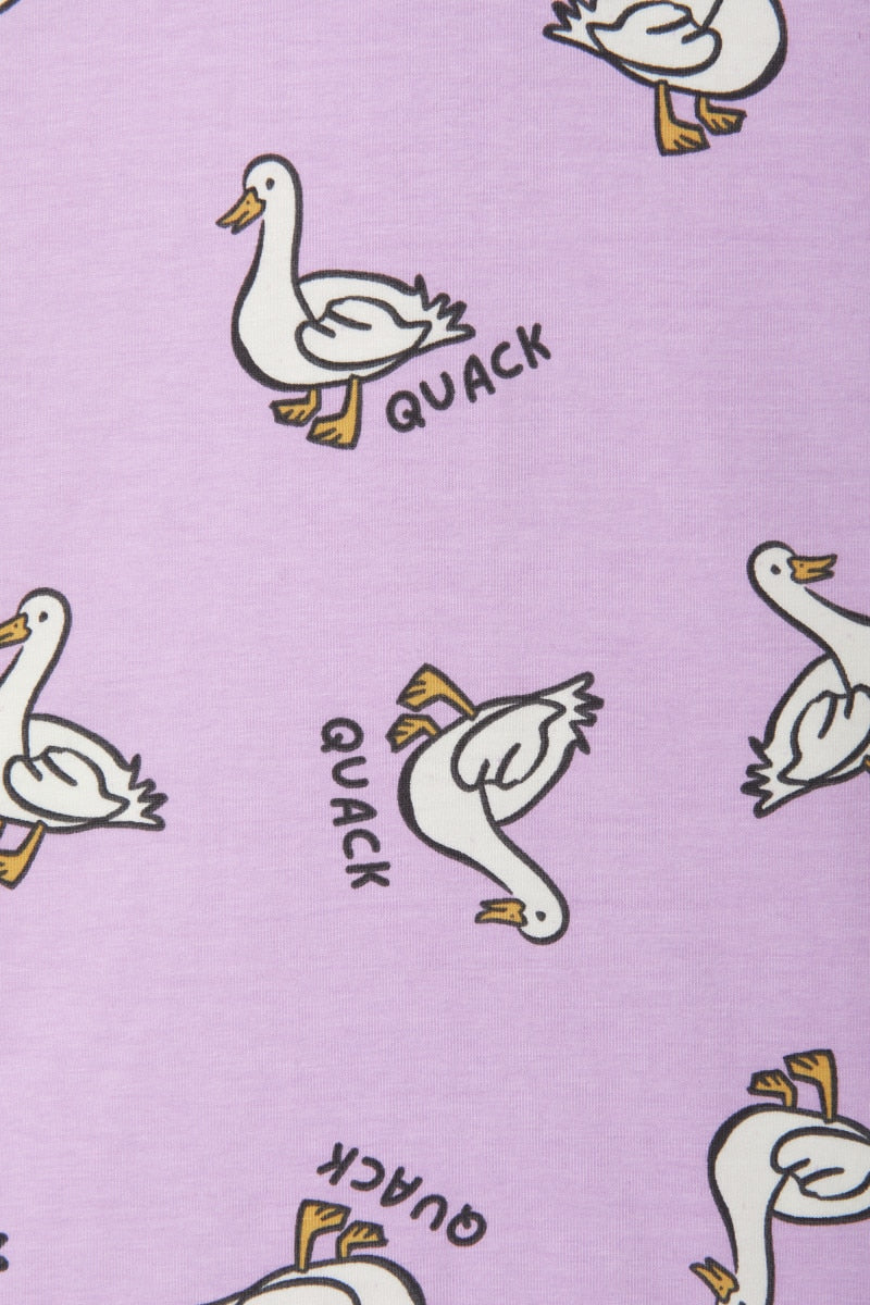 Bonds Zip Wondersuit baby sleepsuit in Quack Quack lilac duck animal print. Close up.
