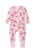Bonds Zip Wondersuit baby sleepsuit in Frida Flamingo pink flamingo animal print. Front view.
