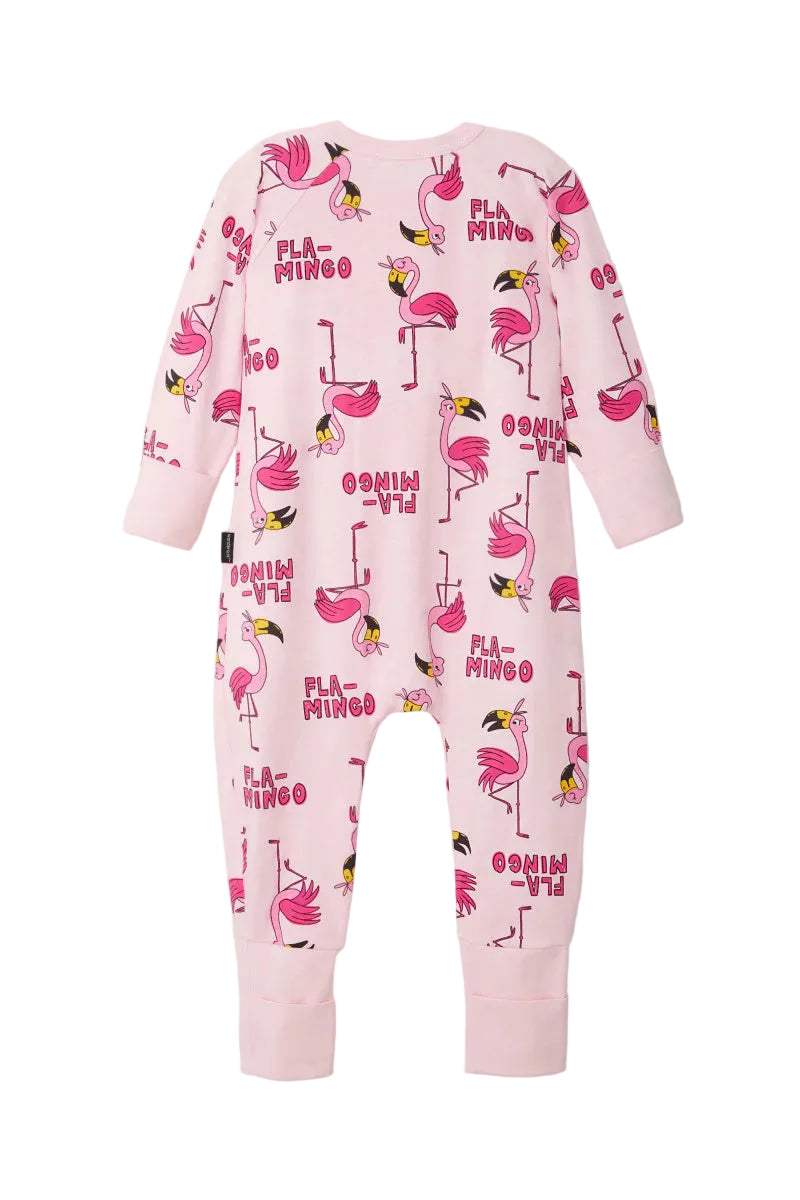 Bonds Zip Wondersuit baby sleepsuit in Frida Flamingo pink flamingo animal print. Back view.