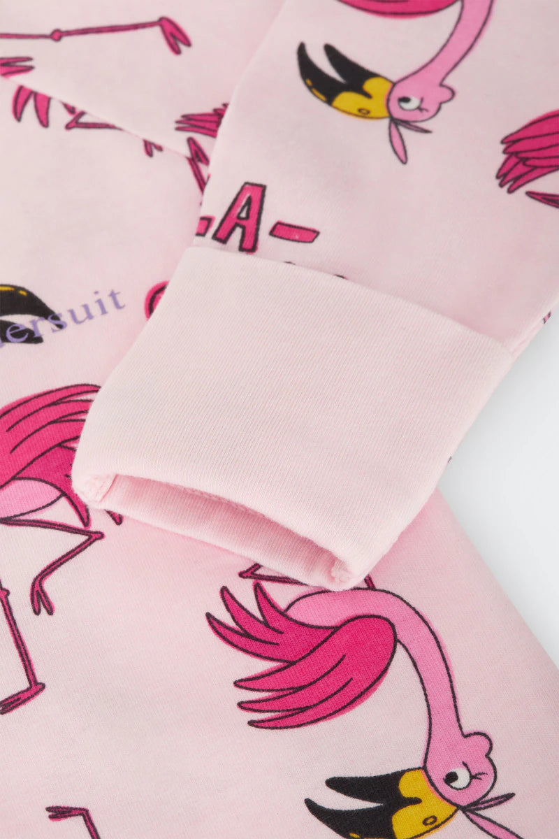 Bonds Zip Wondersuit baby sleepsuit in Frida Flamingo pink flamingo animal print. Close up hand cuff.