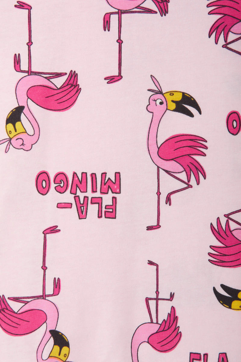 Bonds Zip Wondersuit baby sleepsuit in Frida Flamingo pink flamingo animal print. Close up.