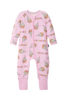 Bonds Zip Wondersuit baby sleepsuit in Sundae Swirls pink ice-cream print. Front view.
