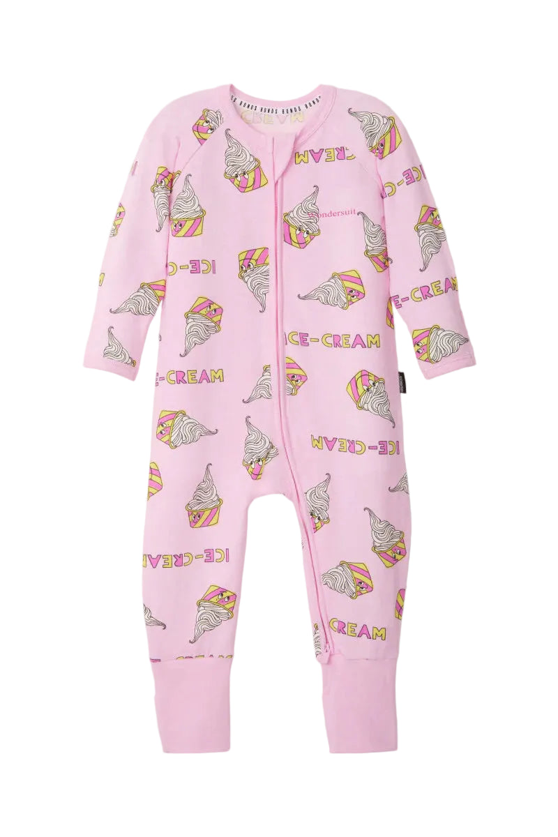 Bonds Zip Wondersuit baby sleepsuit in Sundae Swirls pink ice-cream print. Front view.