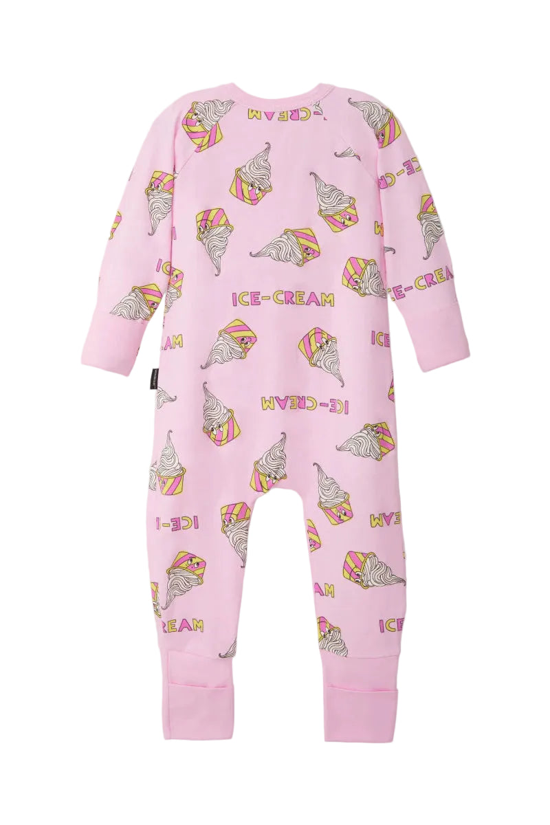 Bonds Zip Wondersuit baby sleepsuit in Sundae Swirls pink ice-cream print. Back view.