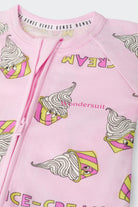 Bonds Zip Wondersuit baby sleepsuit in Sundae Swirls pink ice-cream print. Close up two-way zip.