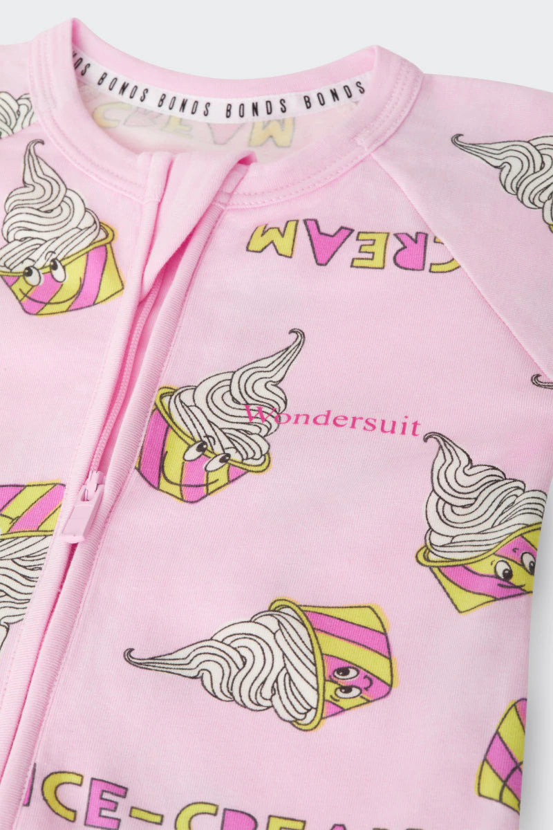 Bonds Zip Wondersuit baby sleepsuit in Sundae Swirls pink ice-cream print. Close up two-way zip.