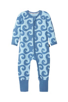 Bonds Zip Wondersuit baby sleepsuit in Wave Wonders blue wave swirl print. Front view.