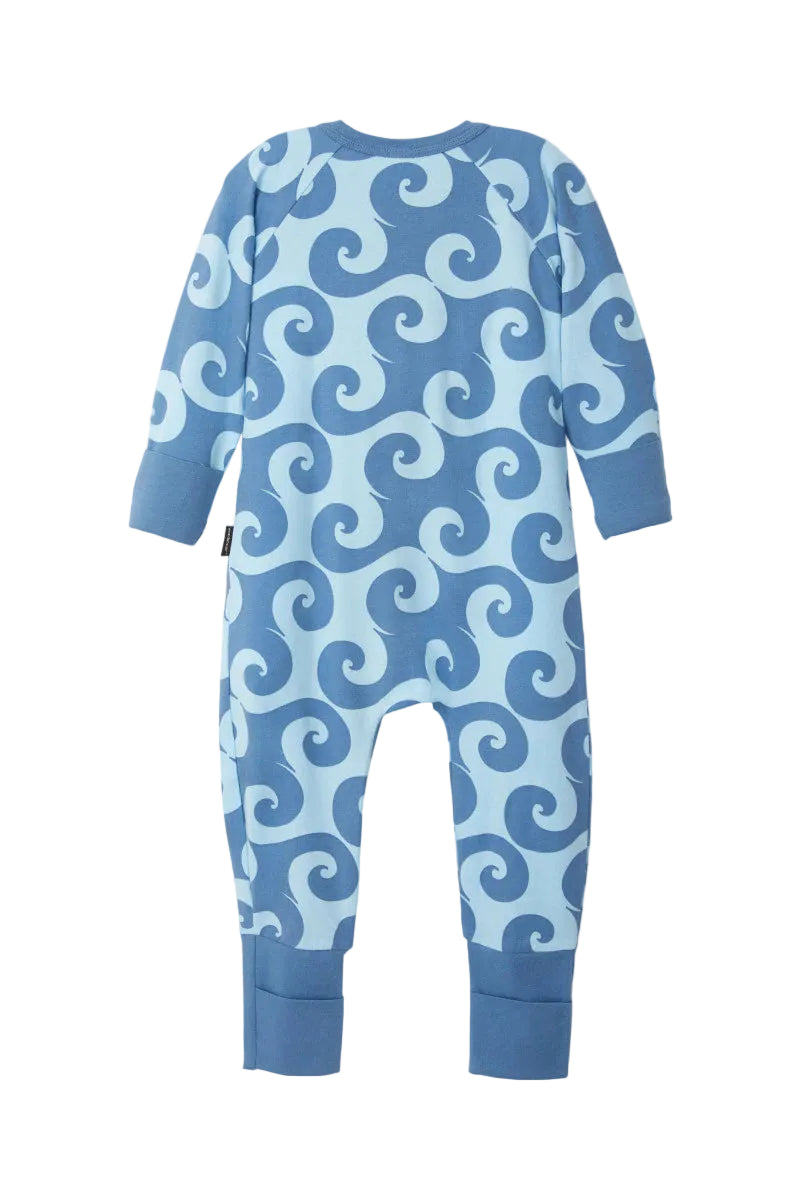 Bonds Zip Wondersuit baby sleepsuit in Wave Wonders blue wave swirl print. Back view.