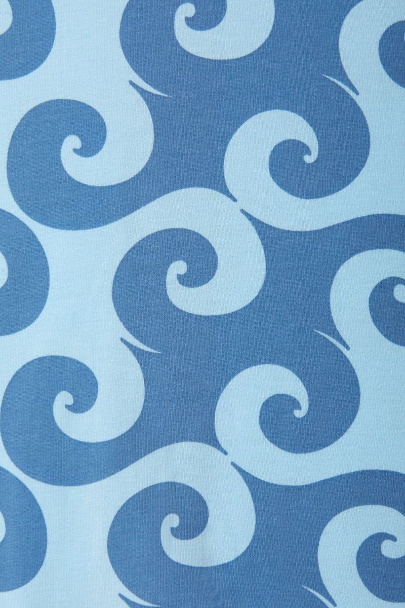 Bonds Zip Wondersuit baby sleepsuit in Wave Wonders blue wave swirl print. Close up.