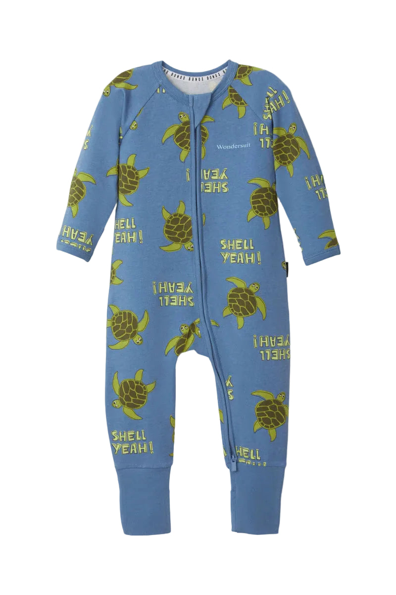 Bonds Zip Wondersuit baby sleepsuit in Shell Yeah blue turtle print. Front view.