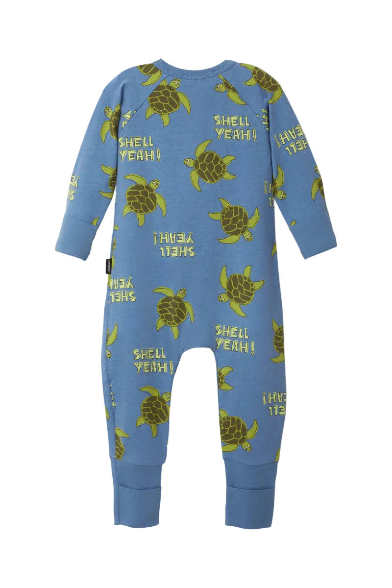 Bonds Zip Wondersuit baby sleepsuit in Shell Yeah blue turtle print. Back view.