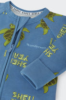 Bonds Zip Wondersuit baby sleepsuit in Shell Yeah blue turtle print. Close up two-way zip and hand cuff.