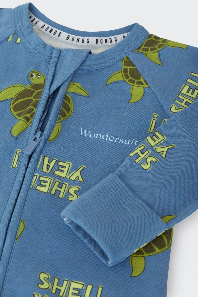 Bonds Zip Wondersuit baby sleepsuit in Shell Yeah blue turtle print. Close up two-way zip and hand cuff.