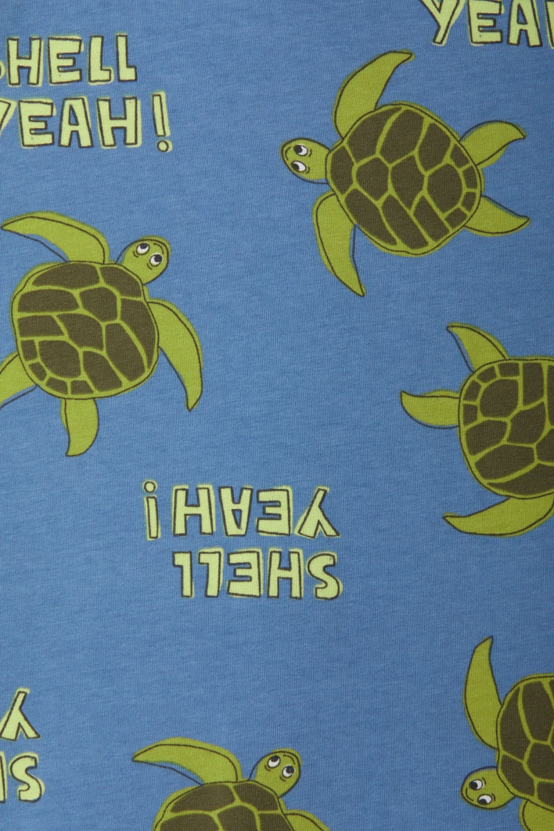 Bonds Zip Wondersuit baby sleepsuit in Shell Yeah blue turtle print. Close up.