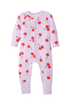 Bonds Zip Wondersuit baby sleepsuit in Cherry Picnic purple fruity print. Front view.