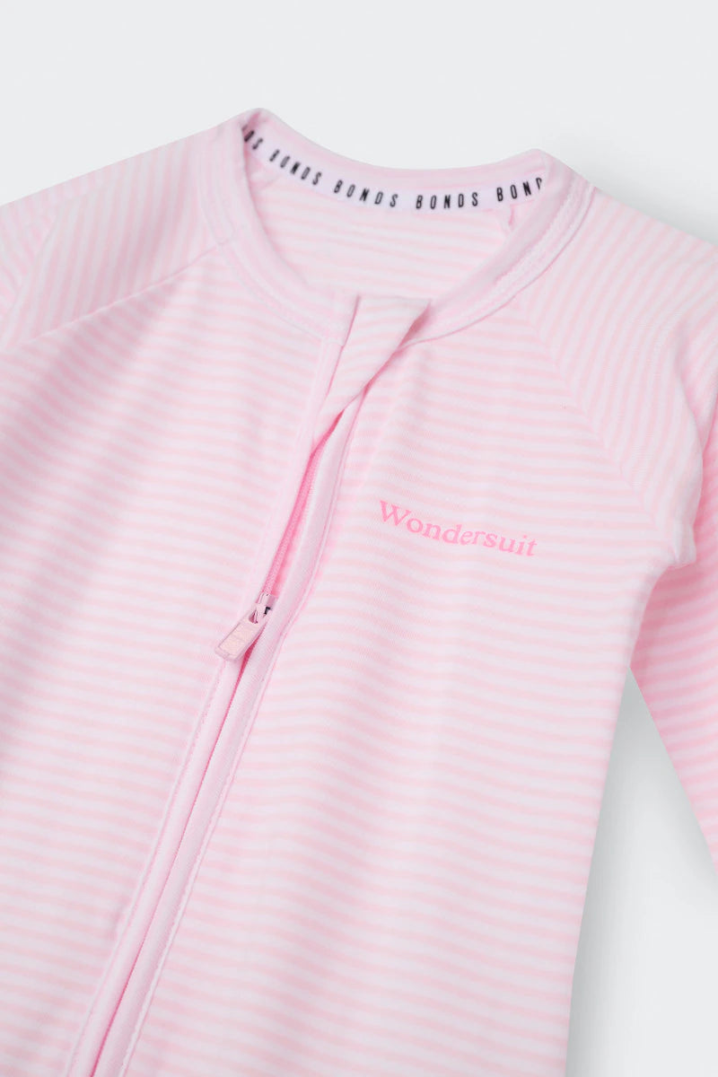 Bonds Zip Wondersuit baby sleepsuit in Ballet Pink and white stripe. Close up two-way zip.