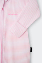 Bonds Zip Wondersuit baby sleepsuit in Ballet Pink and white stripe. Close up hand cuff.