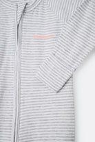 Bonds Zip Wondersuit baby sleepsuit in Luxe Storm Marle grey and white stripe. Close up hand cuff.