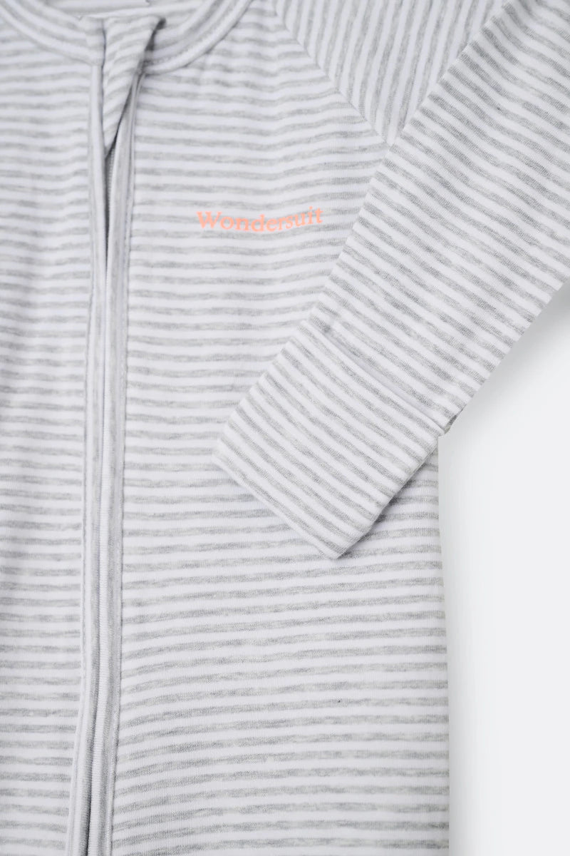 Bonds Zip Wondersuit baby sleepsuit in Luxe Storm Marle grey and white stripe. Close up hand cuff.