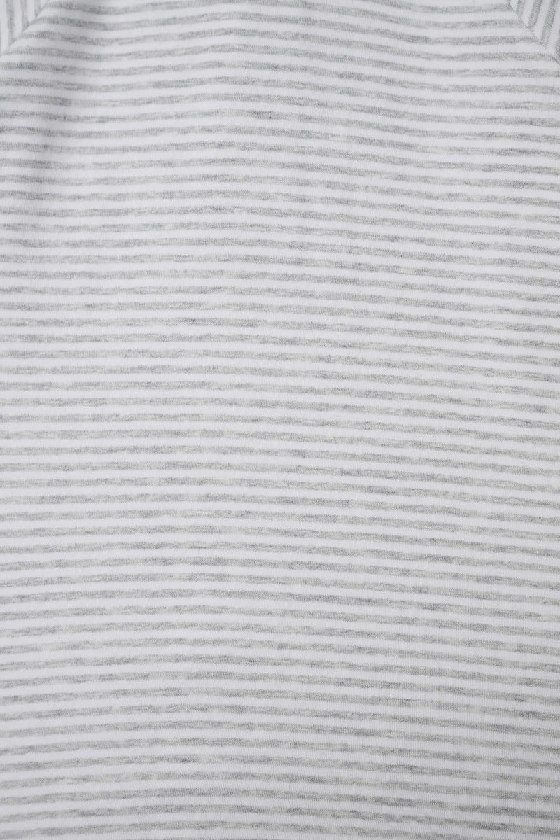 Bonds Zip Wondersuit baby sleepsuit in Luxe Storm Marle grey and white stripe. Close up.