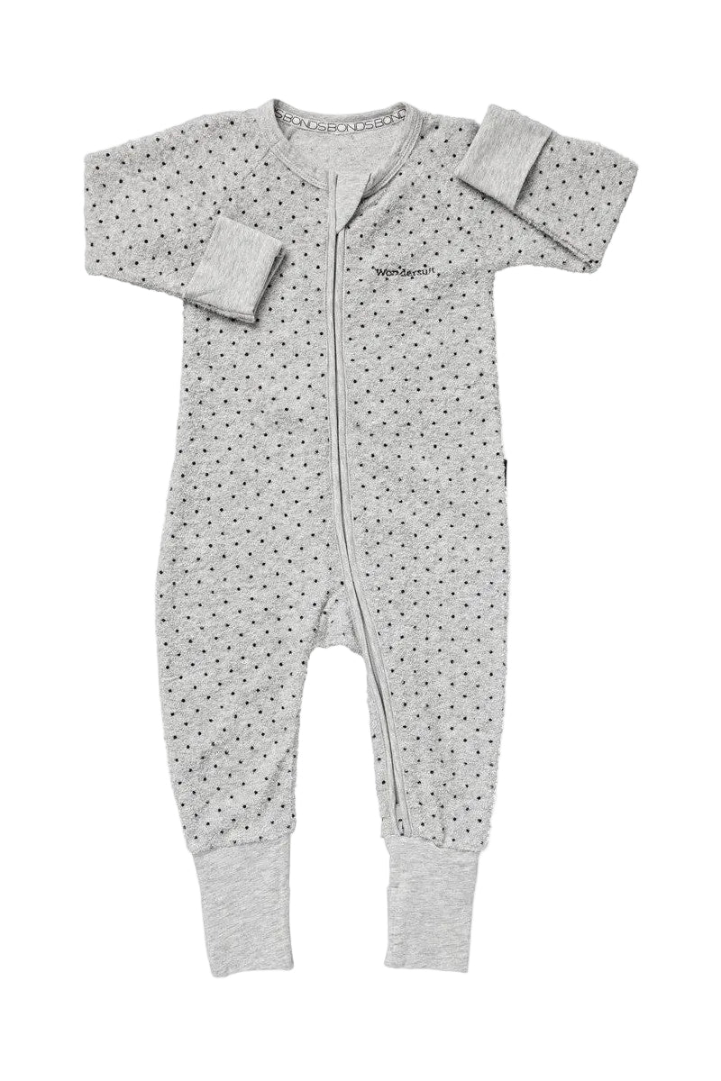 Bonds Poodlette Zip Wondersuit baby sleepsuit in grey Absolute Steel polka dot print.